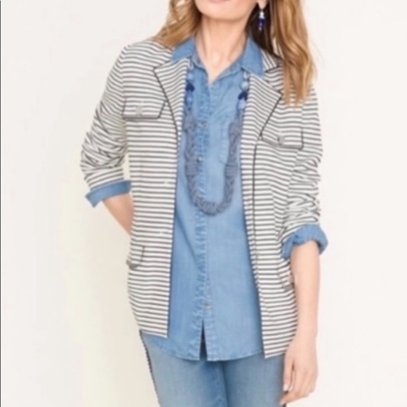 Chico’s Half Button Denim Blouse with Roll Sleeves - Picture 1 of 16